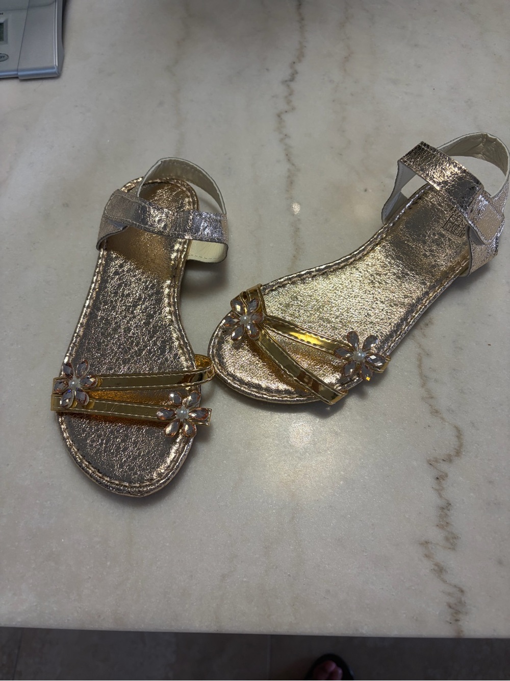 Girls' Gold Floral Accent Sandals with Ankle Strap